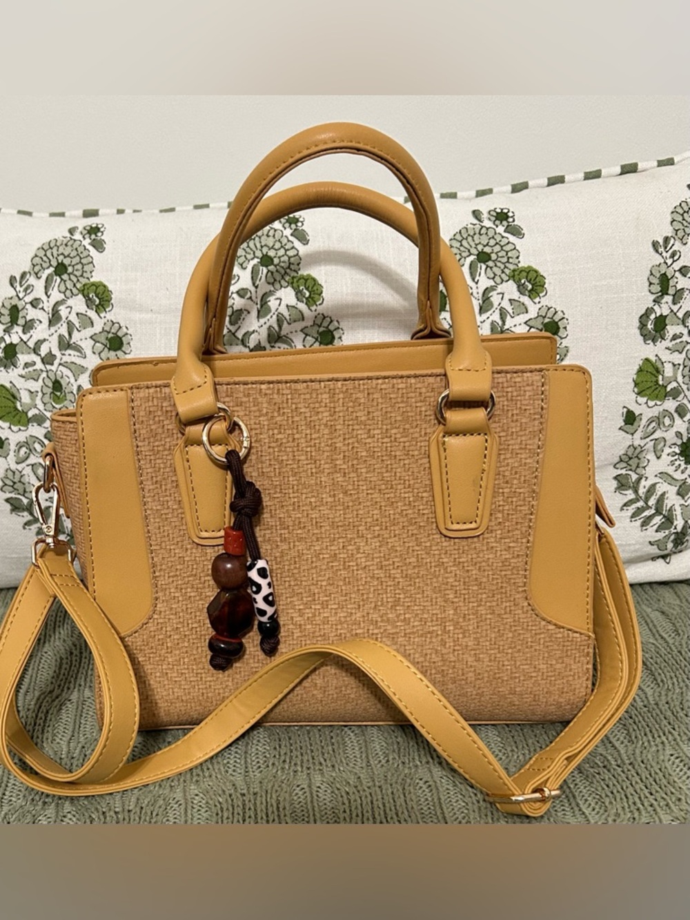 NWT L A Terre Structured Mustard Yellow Woven Tote Handbag With Bag Charm
